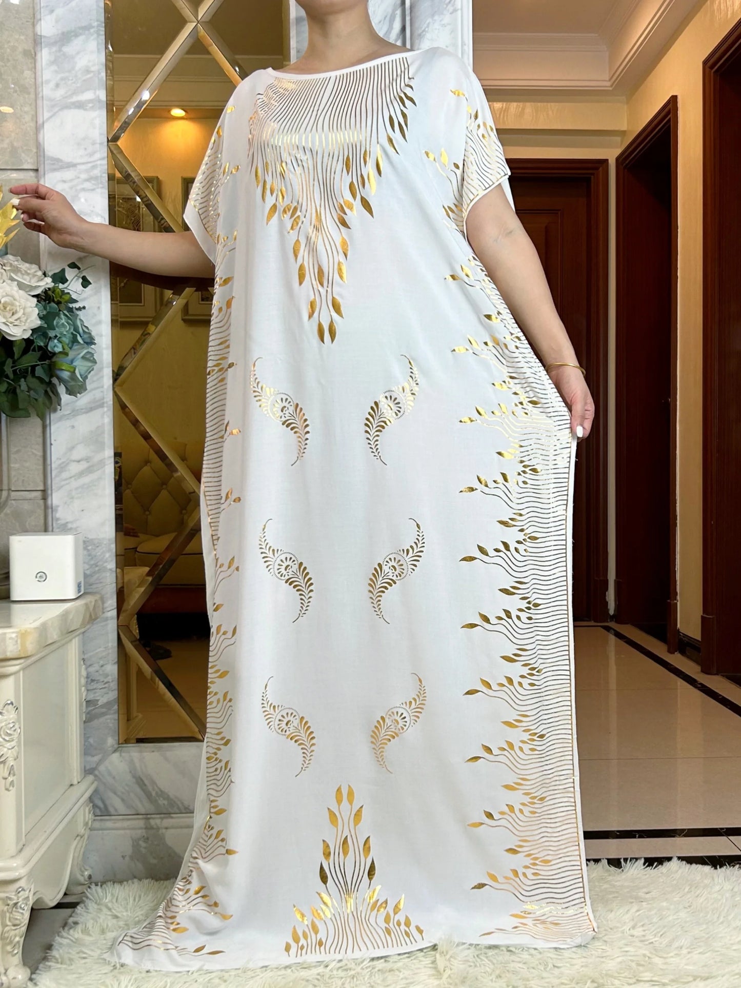 Long Gold Printed Dress with Large Scarf