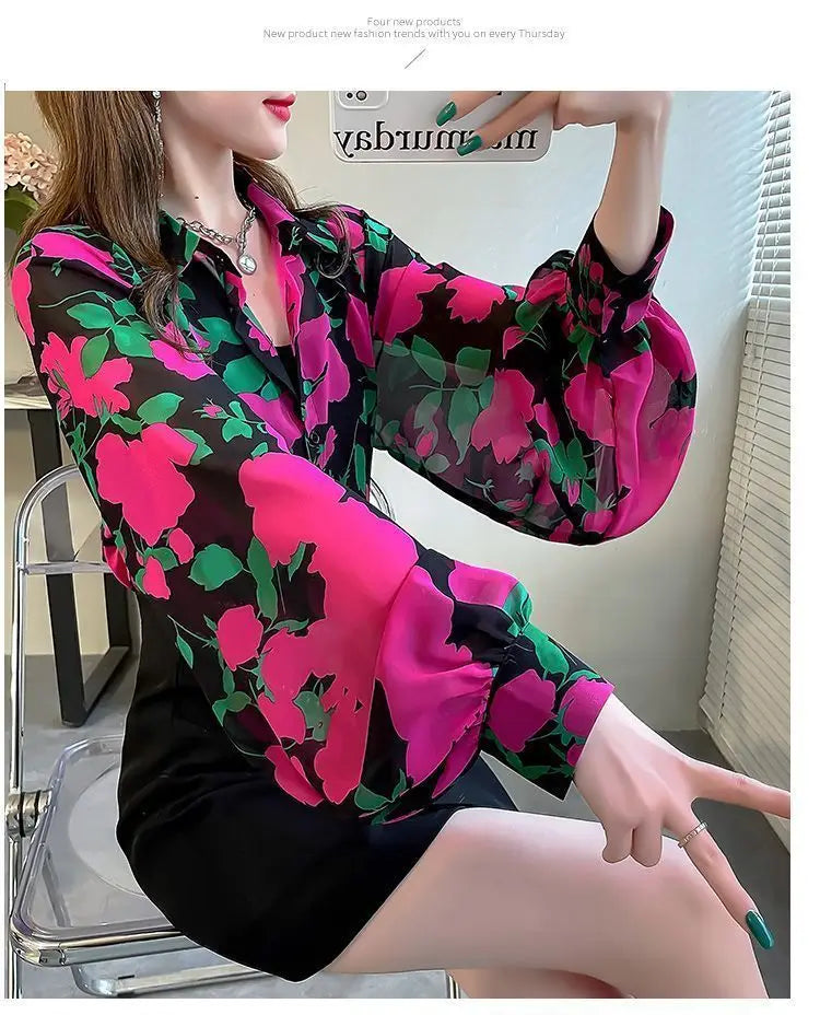 Blusa Chifón Estampada con Mangas Globo