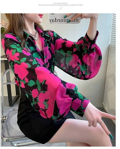 Blusa Chifón Estampada con Mangas Globo