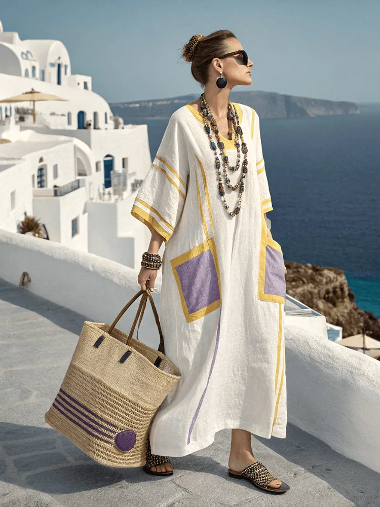 Vestido Maxi Estampado – Escote en V y Bolsillos