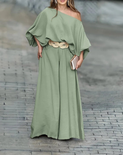 Conjunto Elegante de Dos Piezas – Top Asimétrico + Pantalón Palazzo