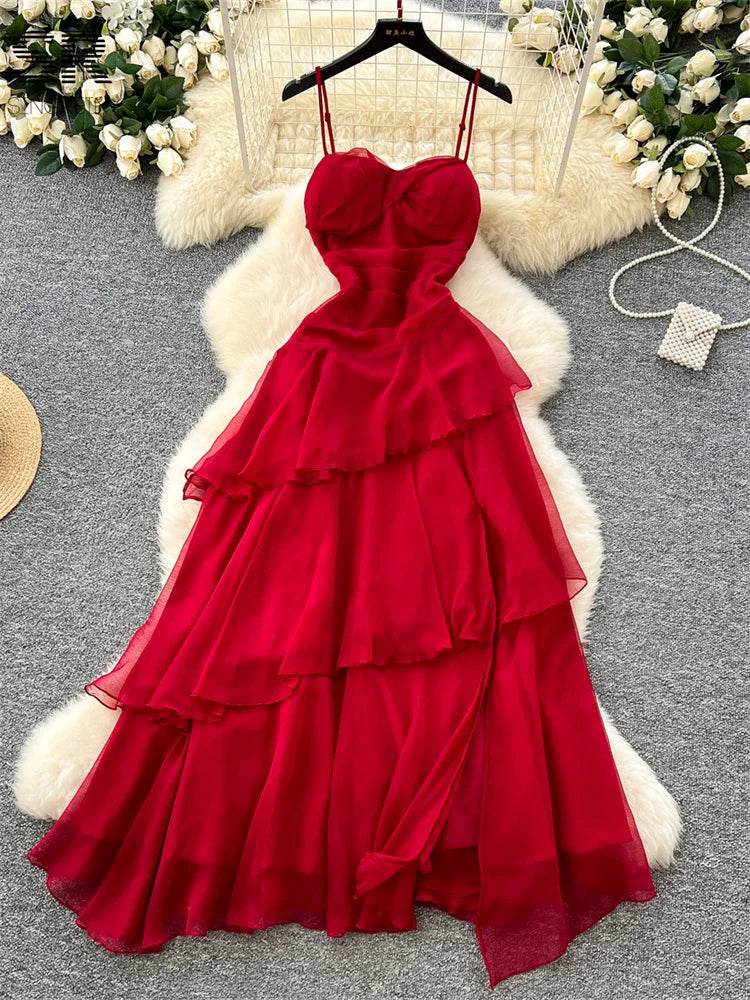 Vestido Largo Rojo con Volantes