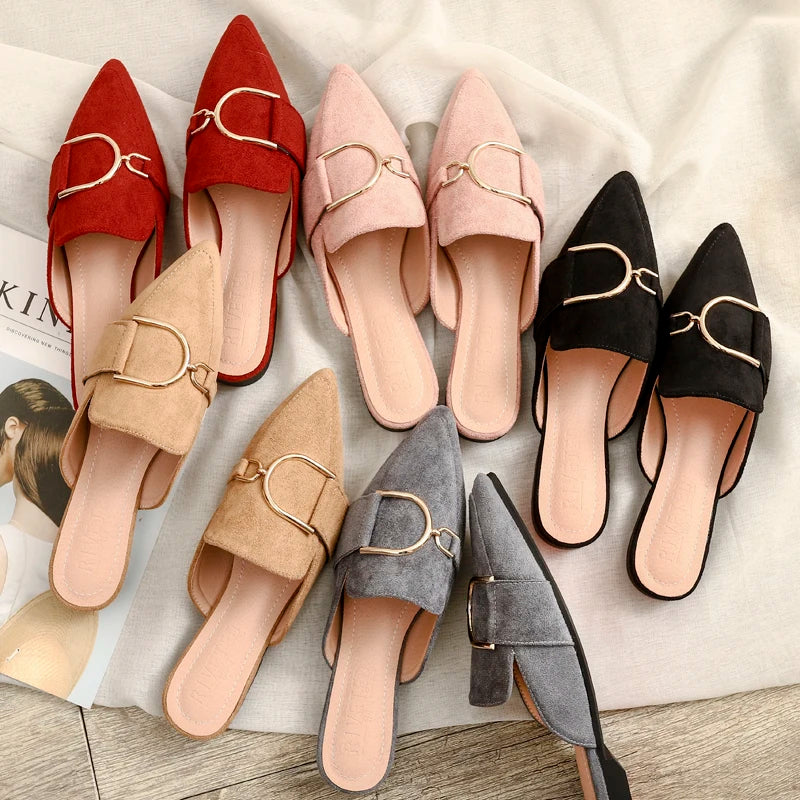 Zapatos Mules Planos de Punta Fina con Hebilla Metálica