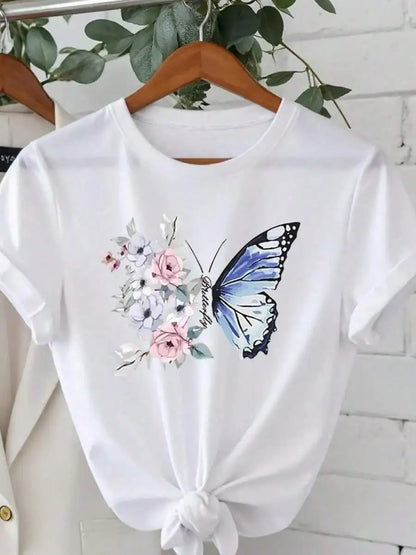 Camiseta de Algodón con Estampado Floral y Mariposa