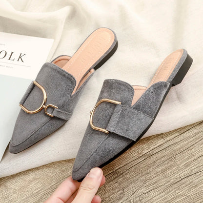 Zapatos Mules Planos de Punta Fina con Hebilla Metálica