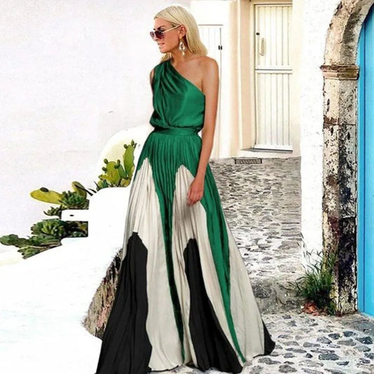 Vestido Largo Asimétrico con Estampado Combinado
