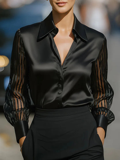 Blusa Elegante Satinada con Mangas Abullonadas y Transparencias
