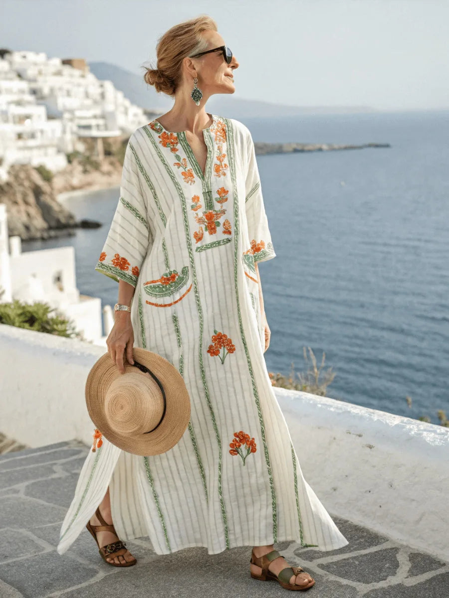Vestido Maxi Estampado – Escote en V y Bolsillos
