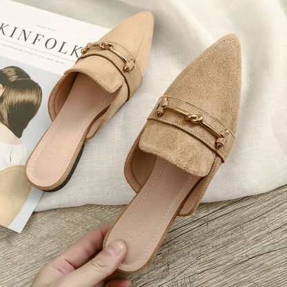 Zapatos Mules Planos de Punta Fina con Hebilla Metálica