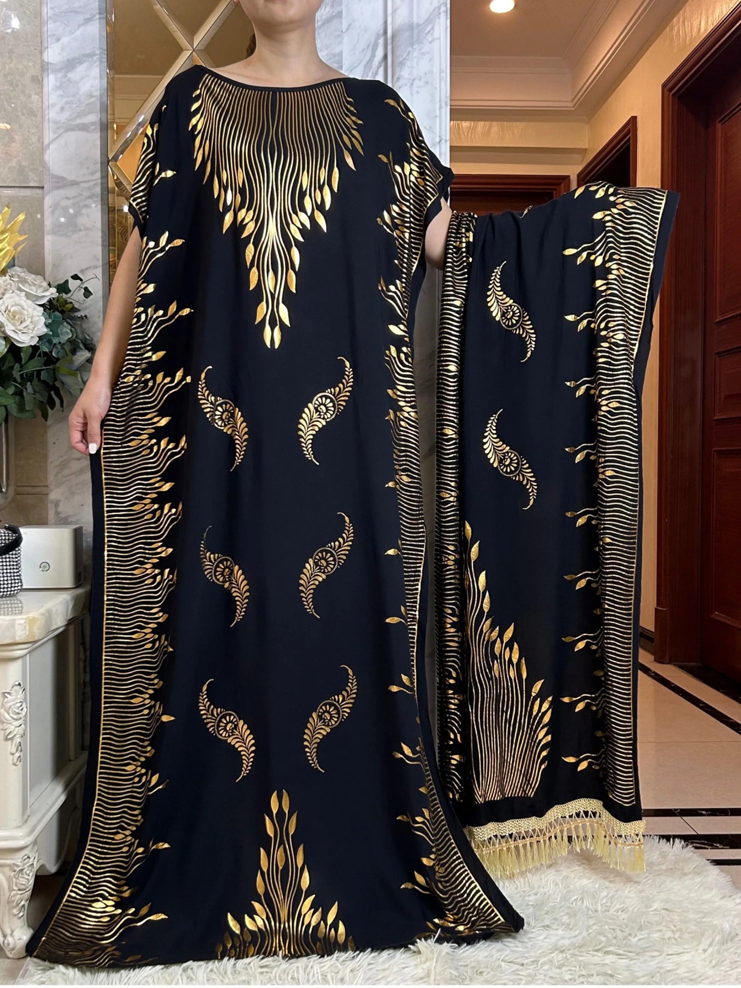 Long Gold Printed Dress with Large Scarf