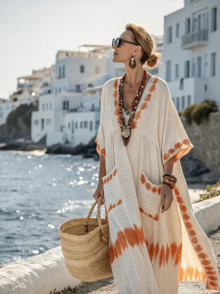 Vestido Maxi Estampado – Escote en V y Bolsillos
