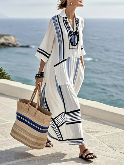 Vestido Maxi Estampado – Escote en V y Bolsillos