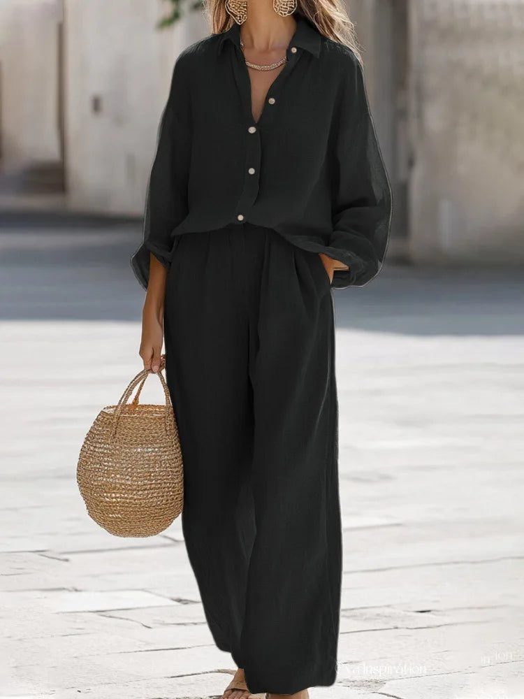 Conjunto Estilo Lino – Blusa Suelta + Pantalón Palazzo