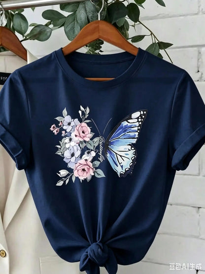 Camiseta de Algodón con Estampado Floral y Mariposa
