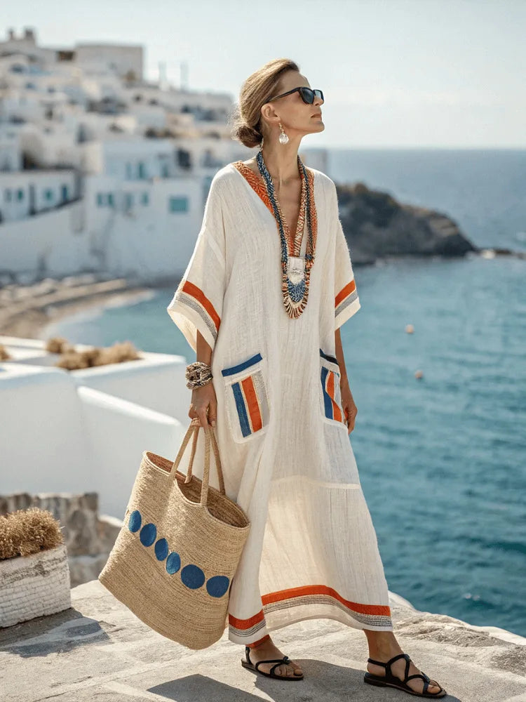 Vestido Maxi Estampado – Escote en V y Bolsillos
