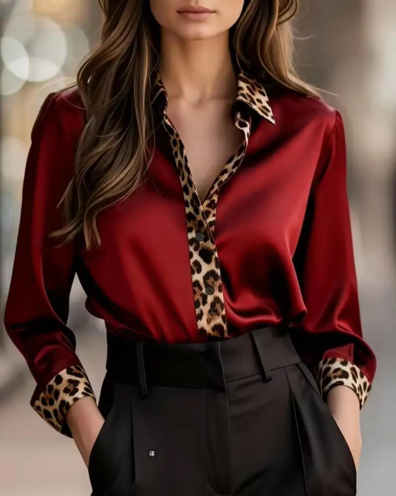 Blusa Elegante con Detalles de Leopardo y Manga Larga para Mujer