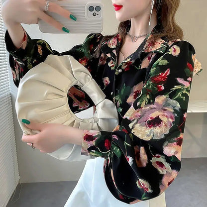 Blusa Chifón Estampada con Mangas Globo