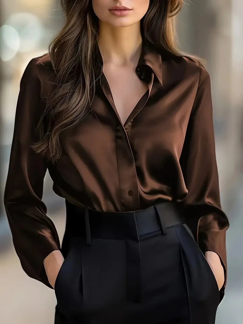 Blusa Elegante Satinada de Manga Larga con Botones para Mujer