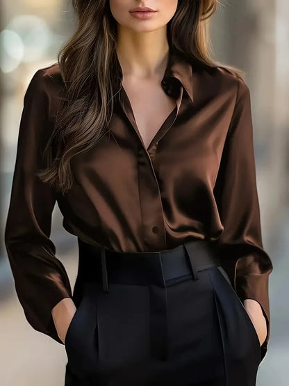 Blusa Elegante Satinada de Manga Larga con Botones para Mujer