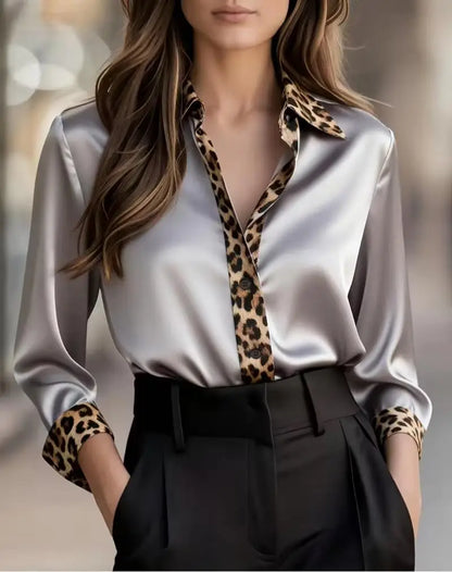 Blusa Elegante con Detalles de Leopardo y Manga Larga para Mujer