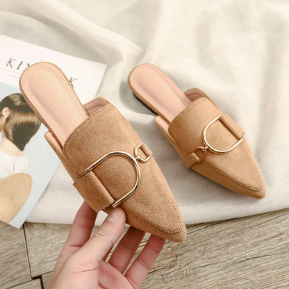 Zapatos Mules Planos de Punta Fina con Hebilla Metálica