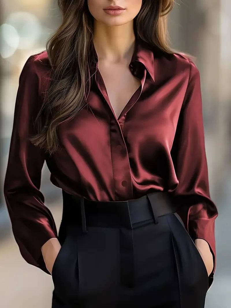 Blusa Elegante Satinada de Manga Larga con Botones para Mujer