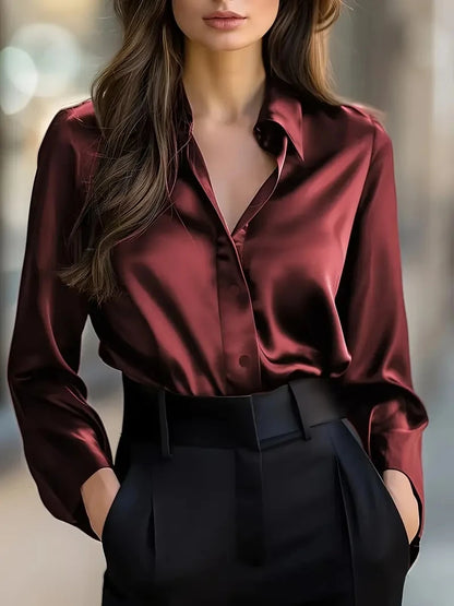 Blusa Elegante Satinada de Manga Larga con Botones para Mujer