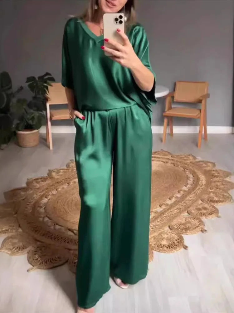 Conjunto Casual de Satén Liso S-XXXL