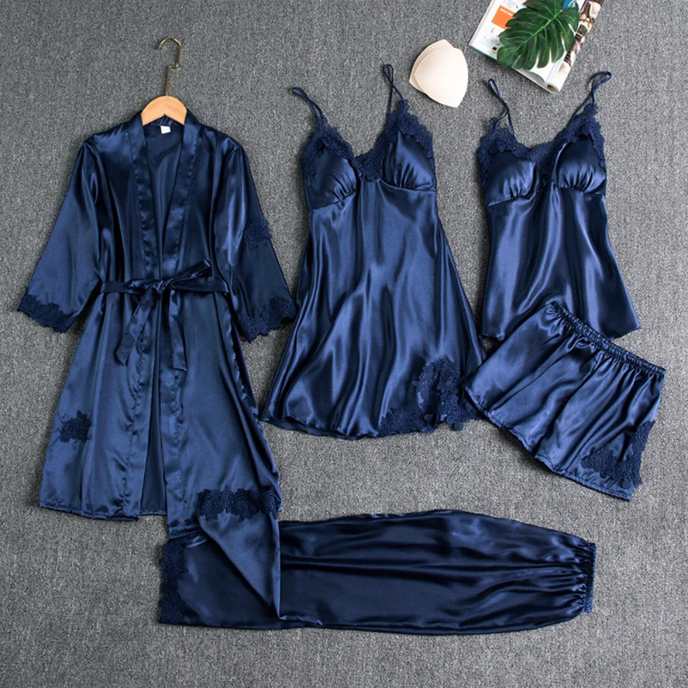 Conjunto de Pijama Satinado de 5 Piezas con Encaje