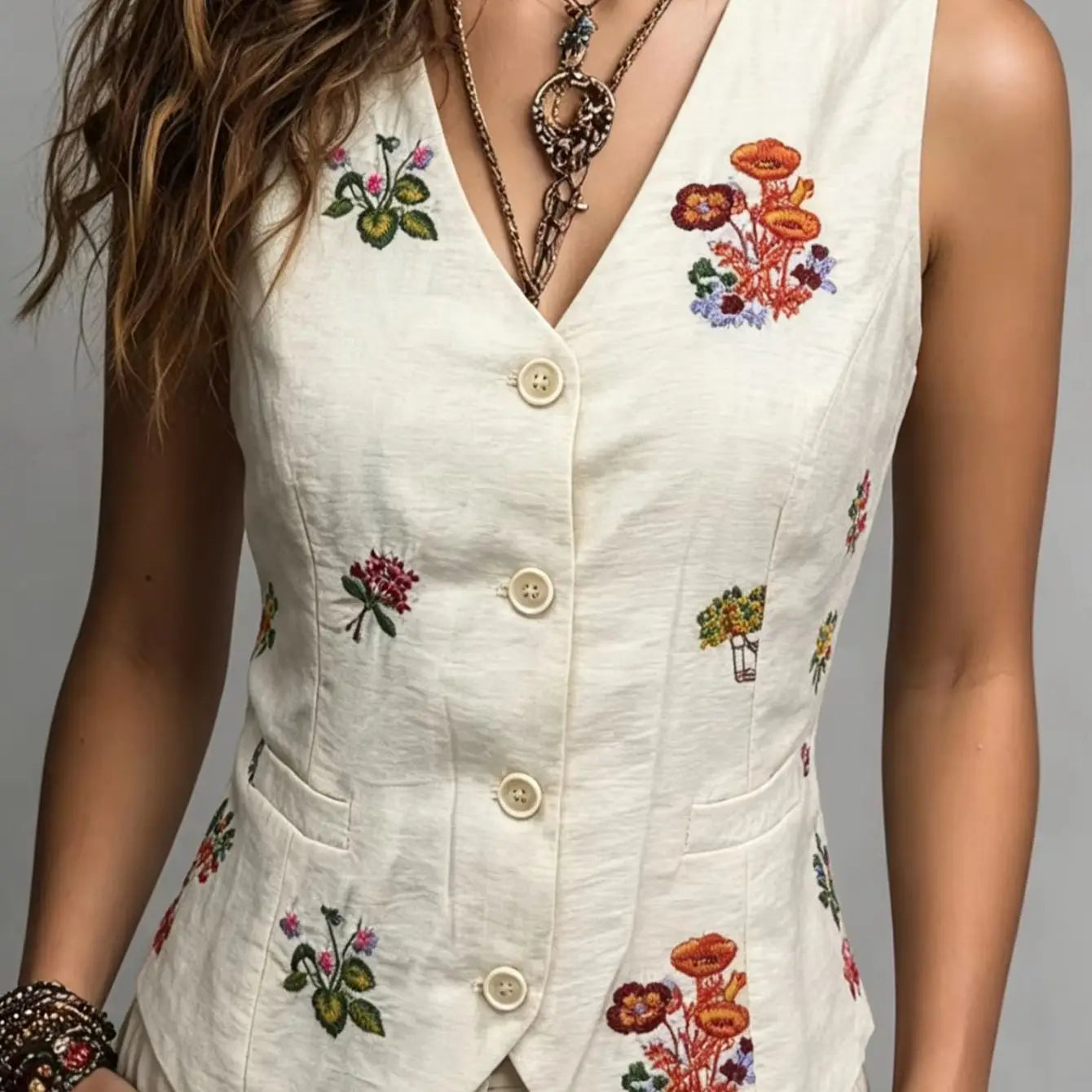 Chaleco de Lino con Bordado Floral
