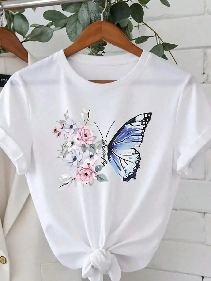 Camiseta de Algodón con Estampado Floral y Mariposa