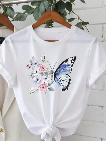 Camiseta de Algodón con Estampado Floral y Mariposa