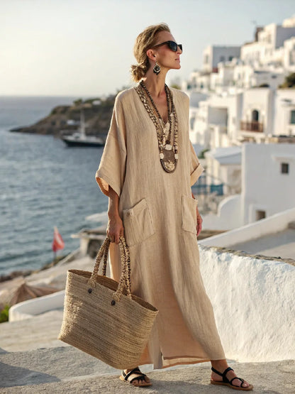 Vestido Maxi Estampado – Escote en V y Bolsillos