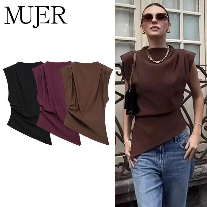 Blusa Asimétrica sin Mangas con Cuello Alto
