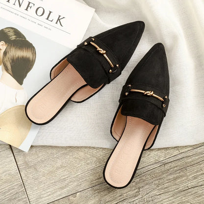 Zapatos Mules Planos de Punta Fina con Hebilla Metálica