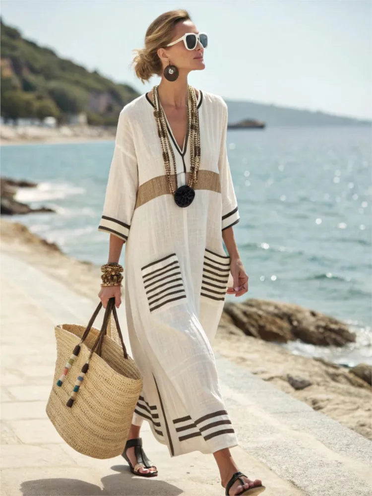 Vestido Maxi Estampado – Escote en V y Bolsillos