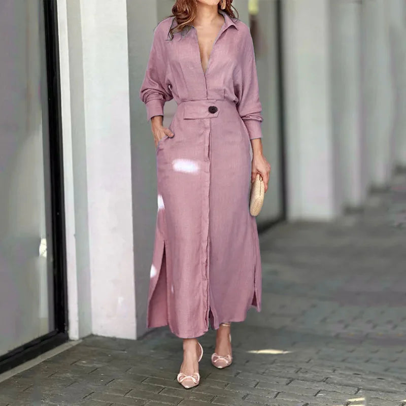Vestido Camisero Largo con Cuello en V