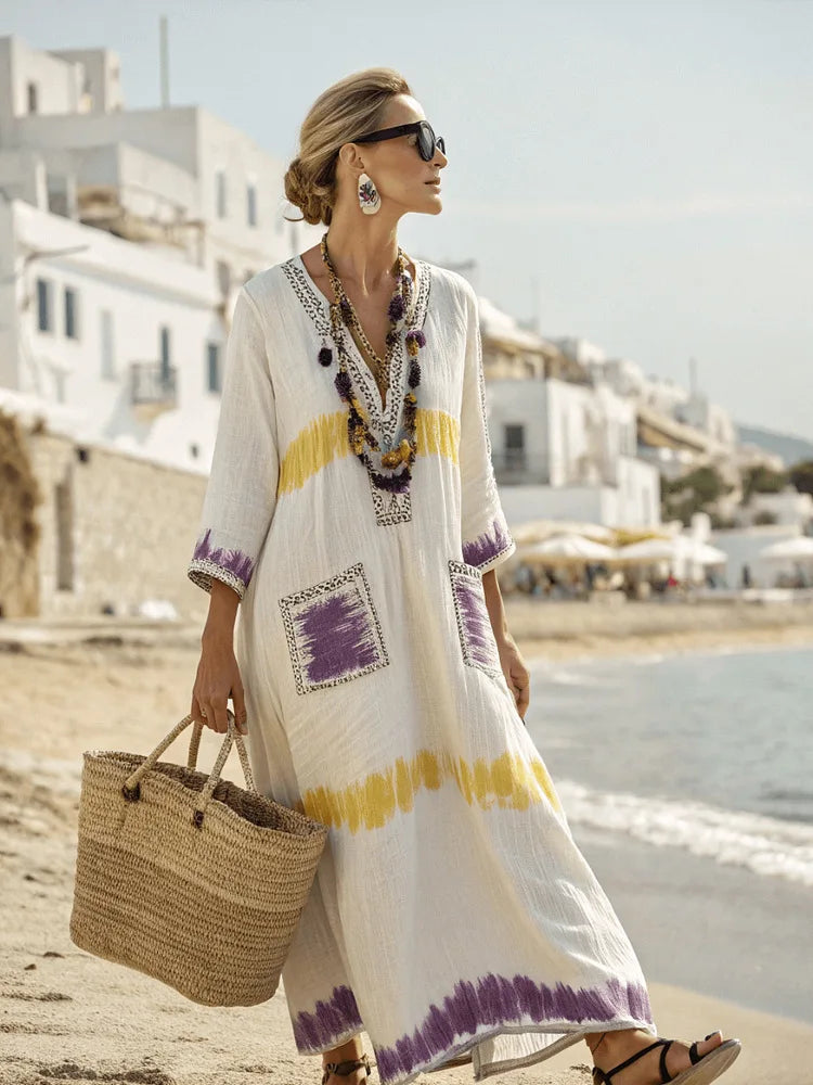 Vestido Maxi Estampado – Escote en V y Bolsillos