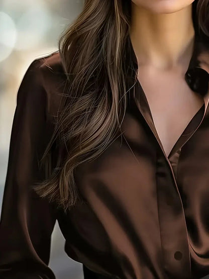 Blusa Elegante Satinada de Manga Larga con Botones para Mujer