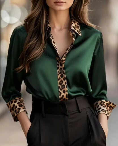 Blusa Elegante con Detalles de Leopardo y Manga Larga para Mujer
