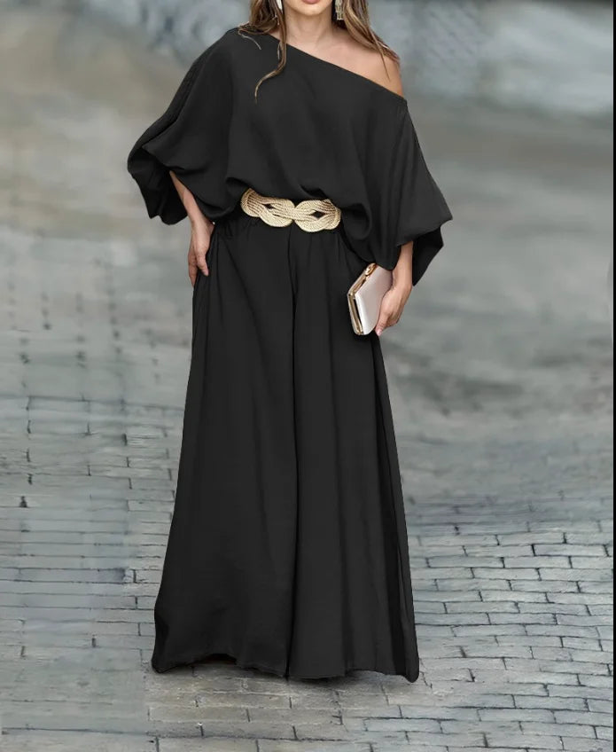 Conjunto Elegante de Dos Piezas – Top Asimétrico + Pantalón Palazzo