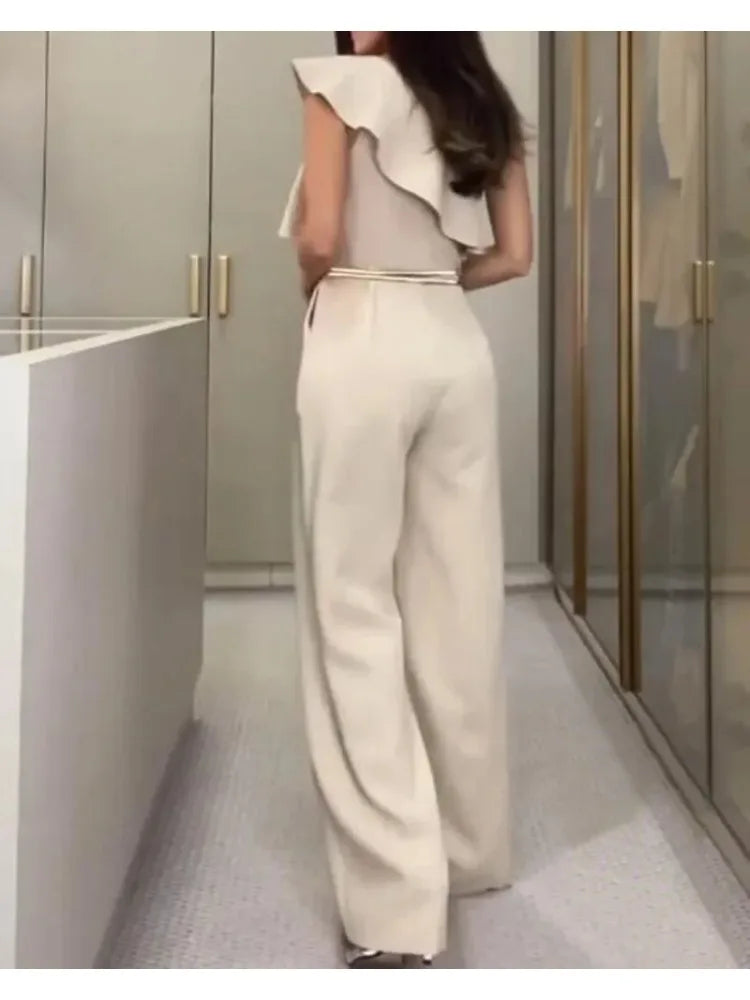 Jumpsuit Elegante de Pierna Ancha con Volantes