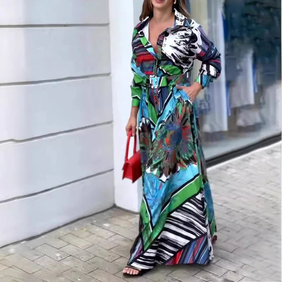 Vestido Maxi Estampado con Cinturón S-2XL