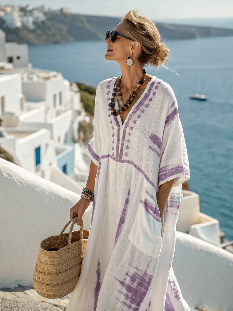 Vestido Maxi Estampado – Escote en V y Bolsillos