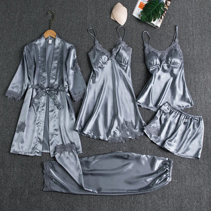 Conjunto de Pijama Satinado de 5 Piezas con Encaje