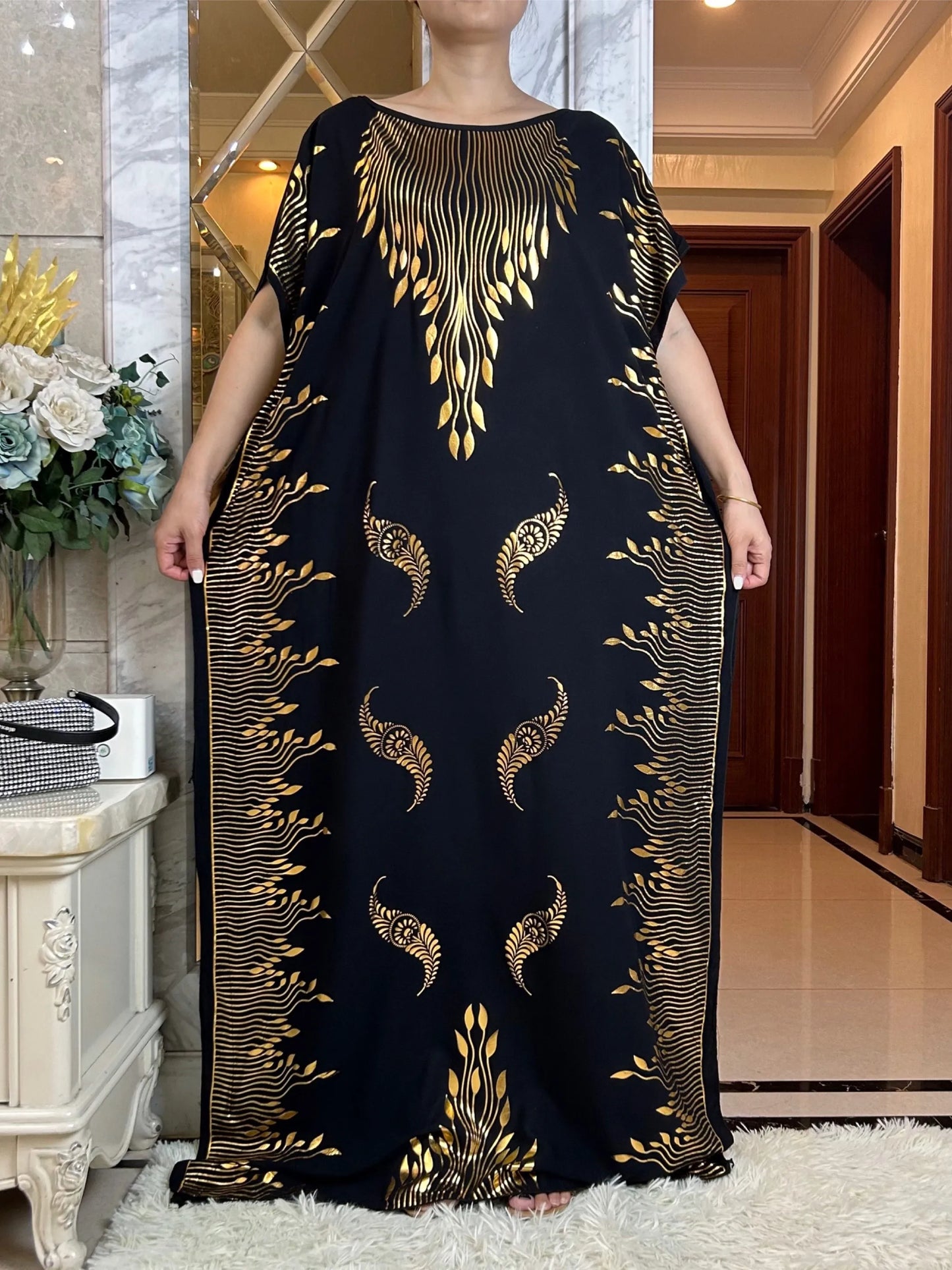 Long Gold Printed Dress with Large Scarf