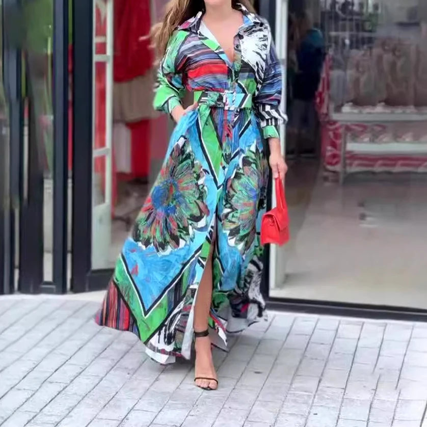 Vestido Maxi Estampado con Cinturón S-2XL