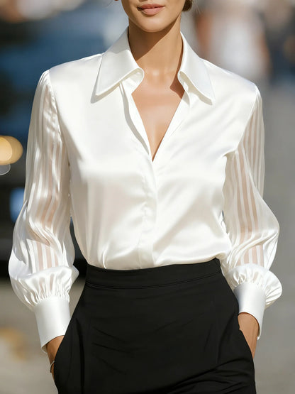 Blusa Elegante Satinada con Mangas Abullonadas y Transparencias