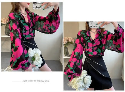 Blusa Chifón Estampada con Mangas Globo