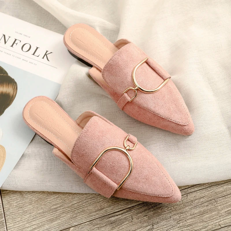 Zapatos Mules Planos de Punta Fina con Hebilla Metálica
